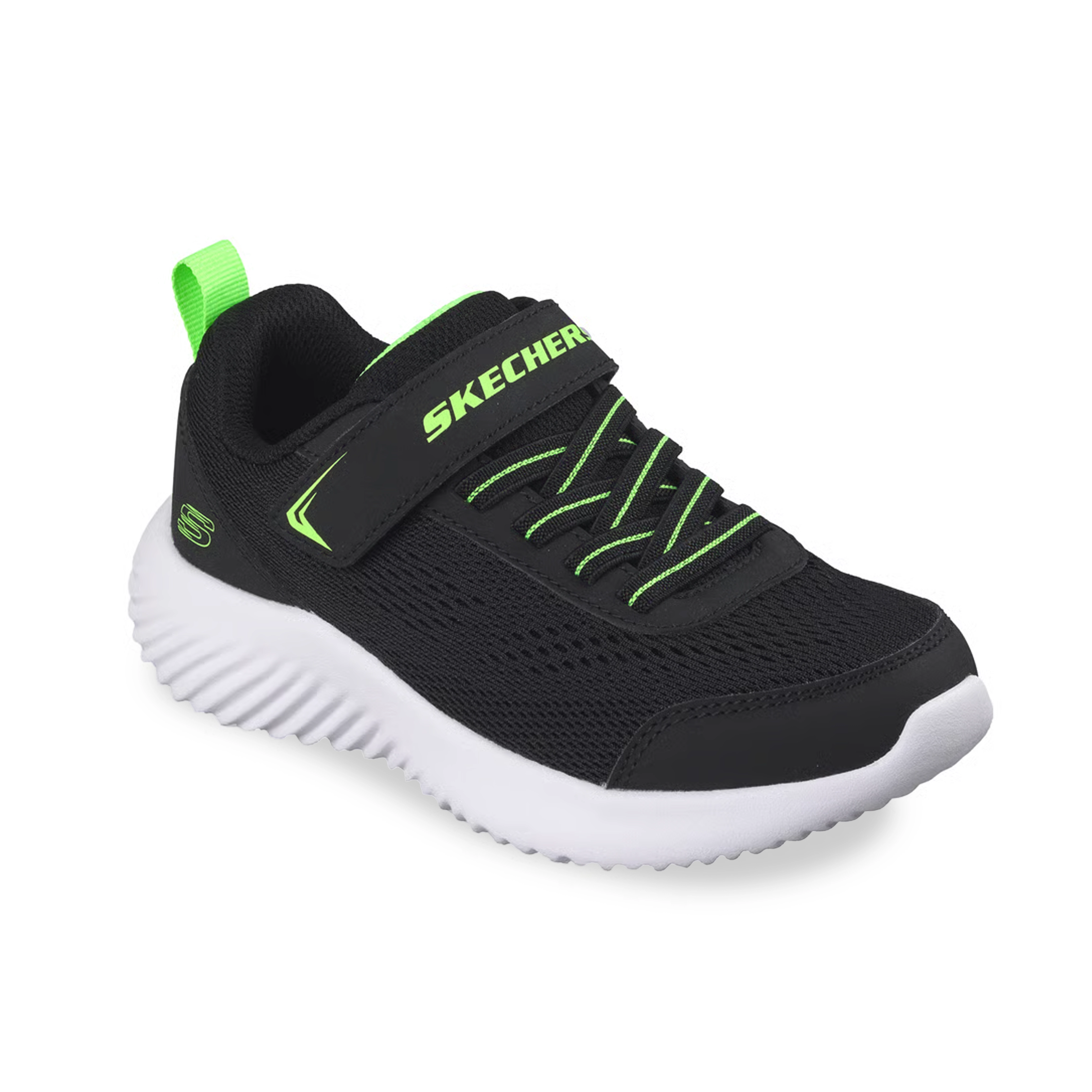 Tênis infantil Skechers Bounder preto e verde neon vista frontal
